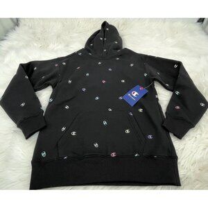 NEW Champion Hoodie Kids Girls Large Black Pullover Sweatshirt All Over Print